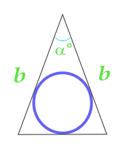Området sirkel innskrevet i en likebent trekant, beregnet på sidene i trekanten og vinkelen mellom dem