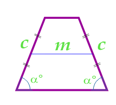 Oppervlakte gelijkbenig trapezium door de middellijn, zijkant en hoek aan de basis