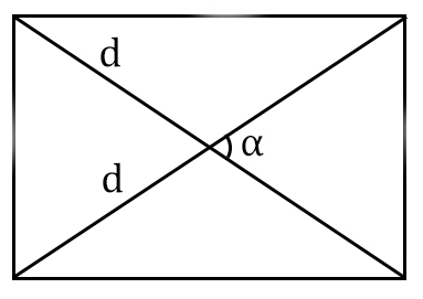 Área de rectángulo a lo largo de las diagonales y el ángulo entre ellas.
