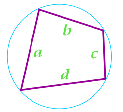 Arealet av en firkant innskrevet i en sirkel, som er beregnet ved hjelp av Formel Brahmagupta